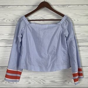 Ramy Brook Light Blue Off Shoulder Flare Sleeve Red Stripe Blouse Top Small